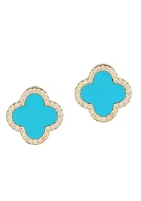 14k Gold Plated Turquoise Halo CZ Clover Stud Earrings