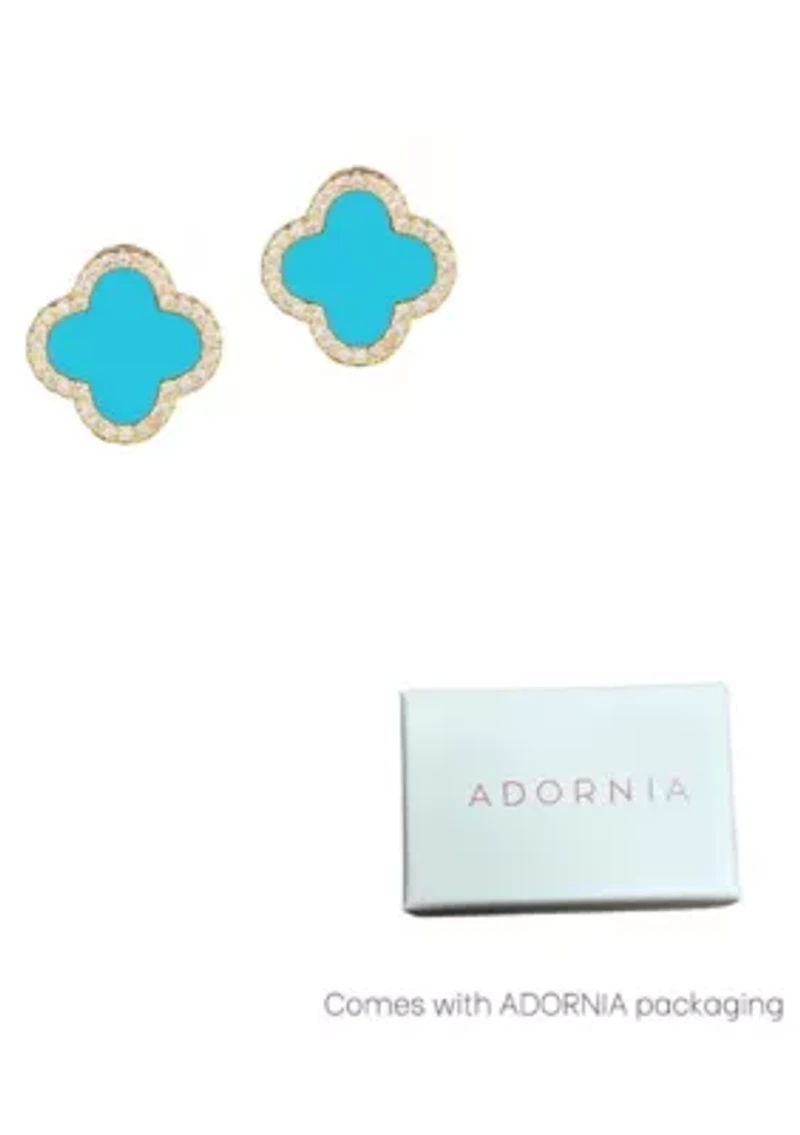 14k Gold Plated Turquoise Halo CZ Clover Stud Earrings