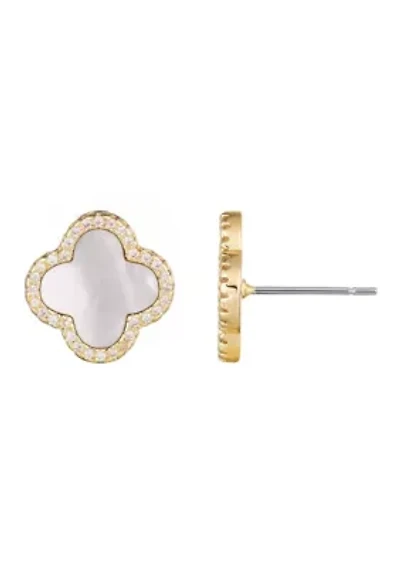 14k Gold Plated Mother of Pearl Halo CZ Clover Stud Earrings