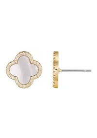 14k Gold Plated Mother of Pearl Halo CZ Clover Stud Earrings