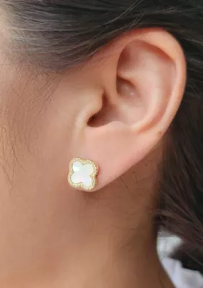 14k Gold Plated Mother of Pearl Halo CZ Clover Stud Earrings