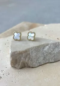 14k Gold Plated Mother of Pearl Halo CZ Clover Stud Earrings