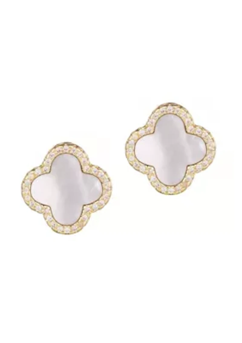 14k Gold Plated Mother of Pearl Halo CZ Clover Stud Earrings