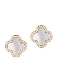 14k Gold Plated Mother of Pearl Halo CZ Clover Stud Earrings