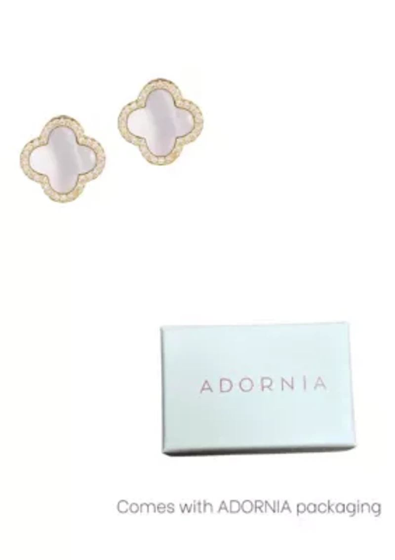 14k Gold Plated Mother of Pearl Halo CZ Clover Stud Earrings