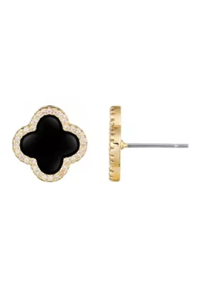 14k Gold Plated Black Halo CZ Clover Stud Earrings
