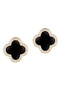 14k Gold Plated Black Halo CZ Clover Stud Earrings