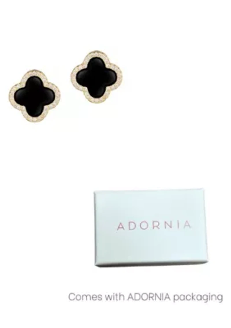 14k Gold Plated Black Halo CZ Clover Stud Earrings