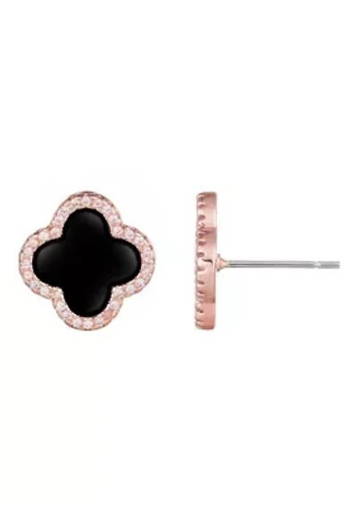 14k Rose Gold Plated Black Halo CZ Clover Stud Earrings