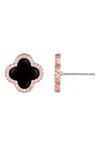14k Rose Gold Plated Black Halo CZ Clover Stud Earrings