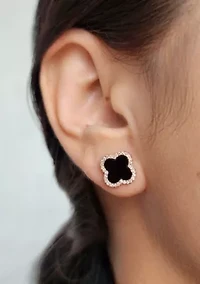 14k Rose Gold Plated Black Halo CZ Clover Stud Earrings