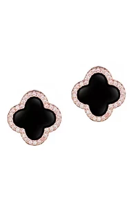 14k Rose Gold Plated Black Halo CZ Clover Stud Earrings