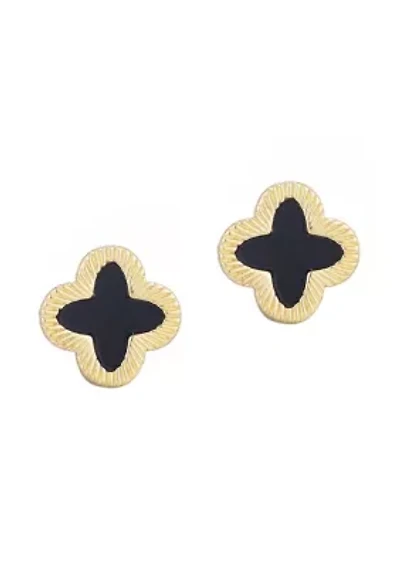 14k Gold Plated Fluted Edge Black Clover Stud Earrings