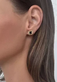 14k Gold Plated Fluted Edge Black Clover Stud Earrings