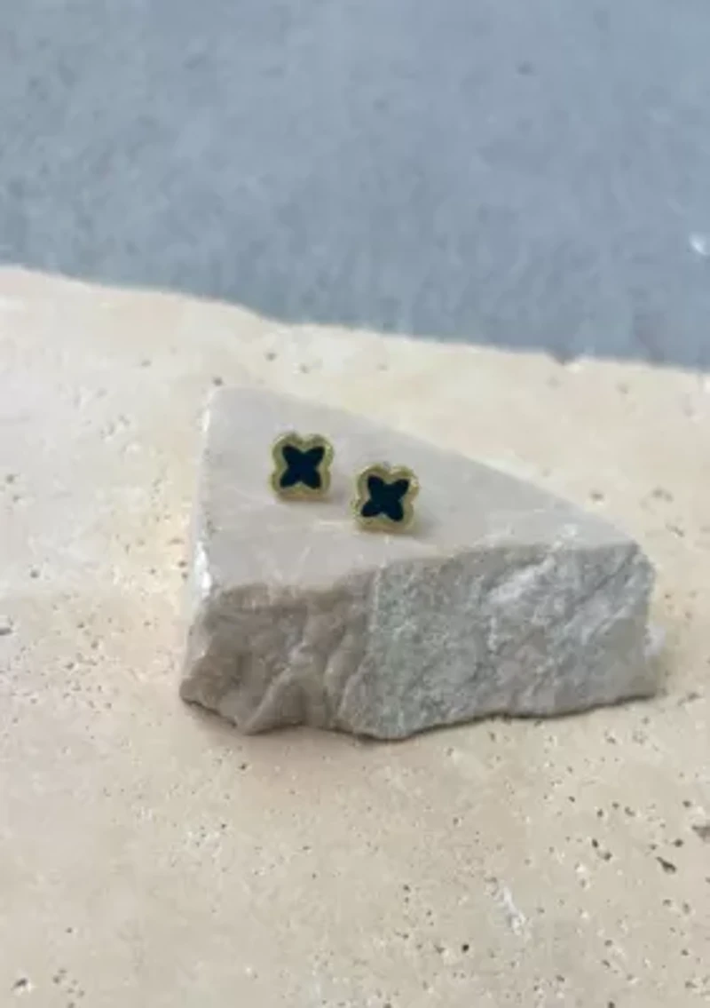 14k Gold Plated Fluted Edge Black Clover Stud Earrings