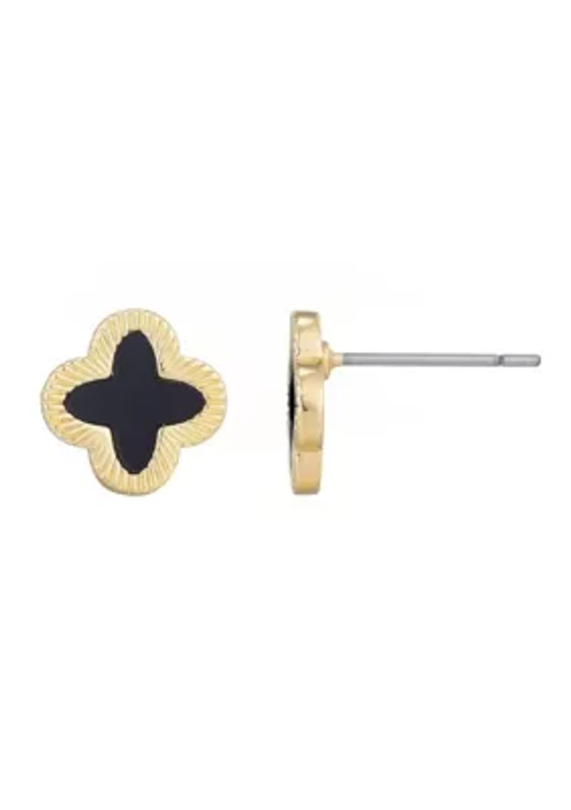 14k Gold Plated Fluted Edge Black Clover Stud Earrings