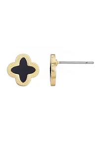 14k Gold Plated Fluted Edge Black Clover Stud Earrings