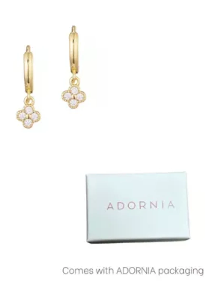 14k Gold Plated Extra Mini CZ Clover Dangle Huggie Earrings