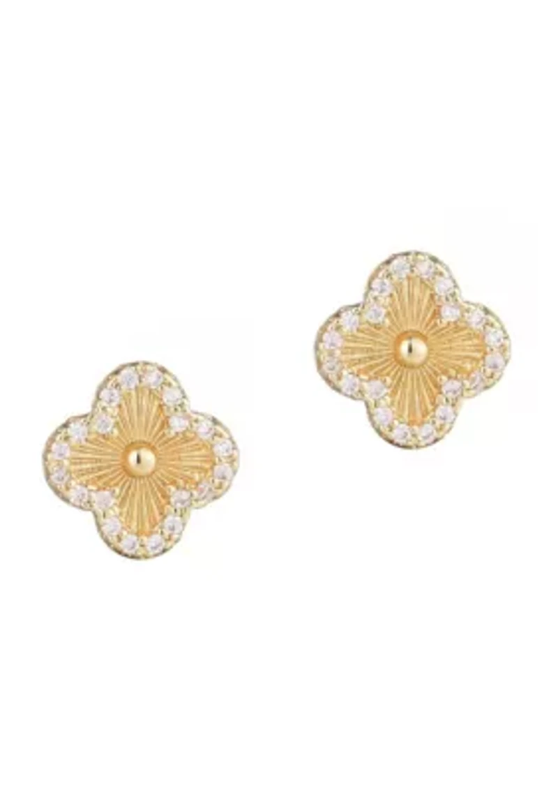14k Gold Plated Button Clover CZ Halo Stud Earrings