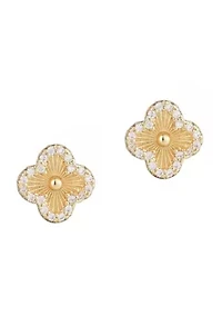 14k Gold Plated Button Clover CZ Halo Stud Earrings