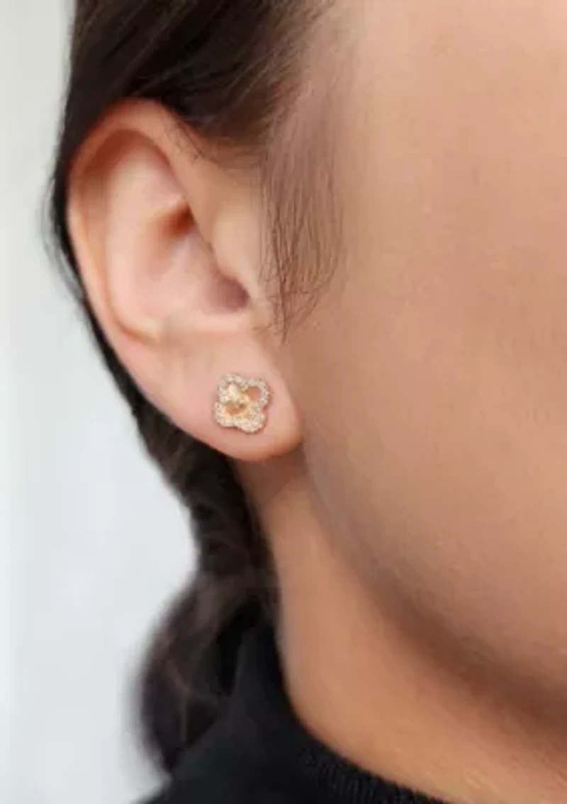 14k Rose Gold Plated Button Clover CZ Halo Stud Earrings