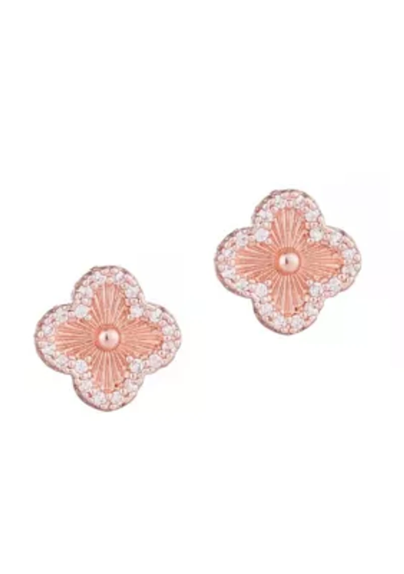 14k Rose Gold Plated Button Clover CZ Halo Stud Earrings