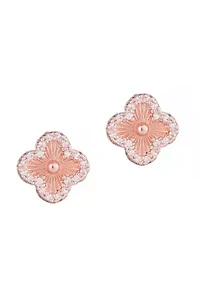 14k Rose Gold Plated Button Clover CZ Halo Stud Earrings