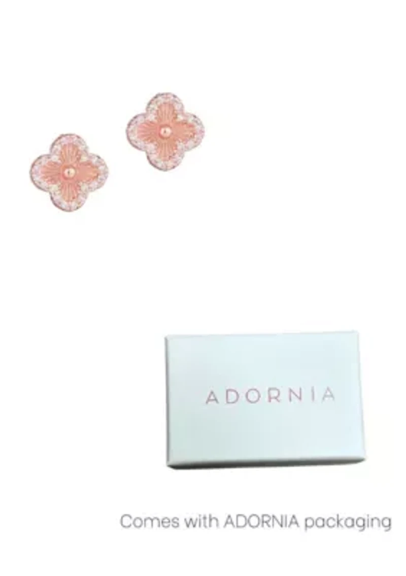 14k Rose Gold Plated Button Clover CZ Halo Stud Earrings