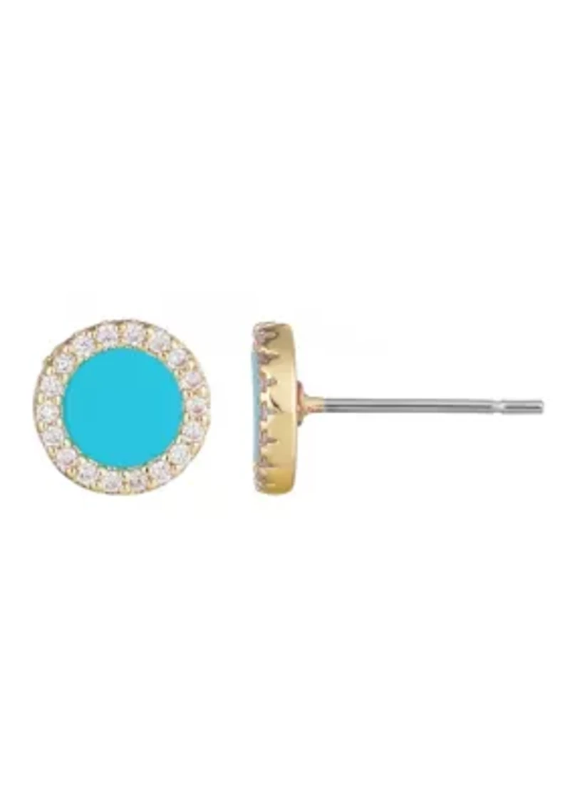 14k Yellow Gold Plated Turquoise Circle CZ Halo Stud Earrings