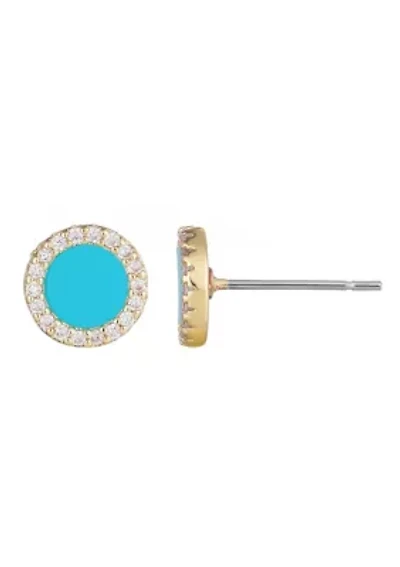 14k Yellow Gold Plated Turquoise Circle CZ Halo Stud Earrings