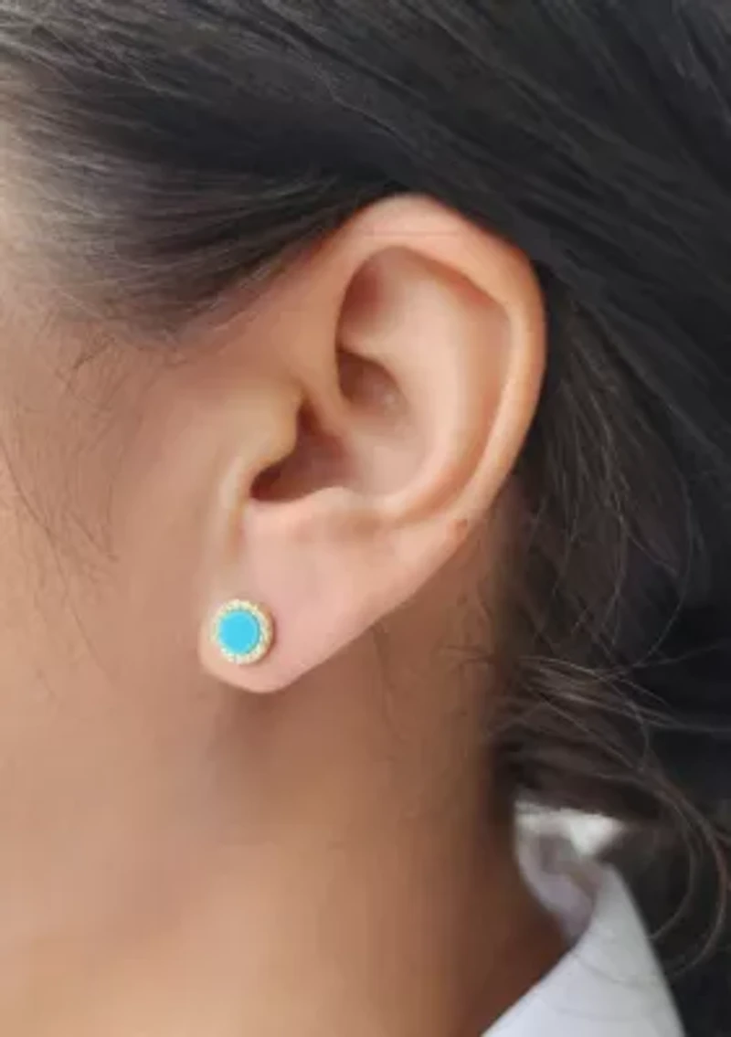 14k Yellow Gold Plated Turquoise Circle CZ Halo Stud Earrings