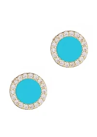 14k Yellow Gold Plated Turquoise Circle CZ Halo Stud Earrings
