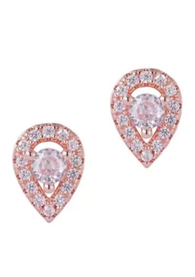 14k Rose Gold Plated Pear Cut Halo Crystal Stud Earrings