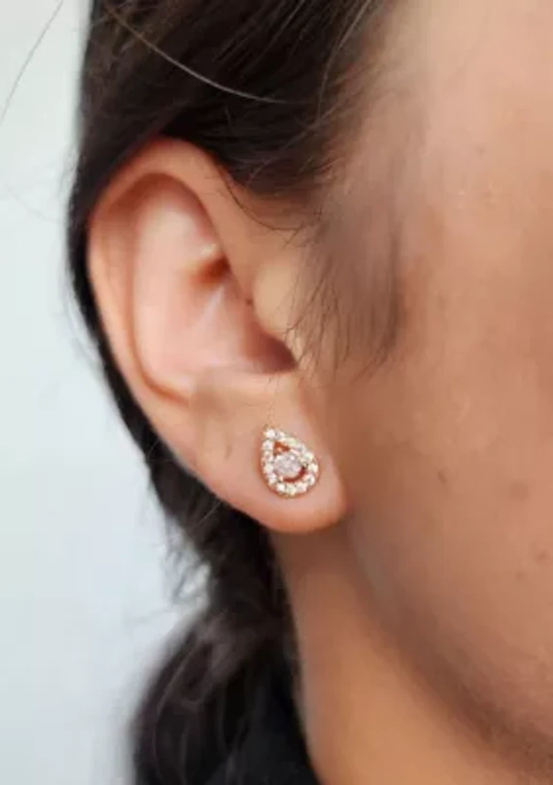 14k Rose Gold Plated Pear Cut Halo Crystal Stud Earrings