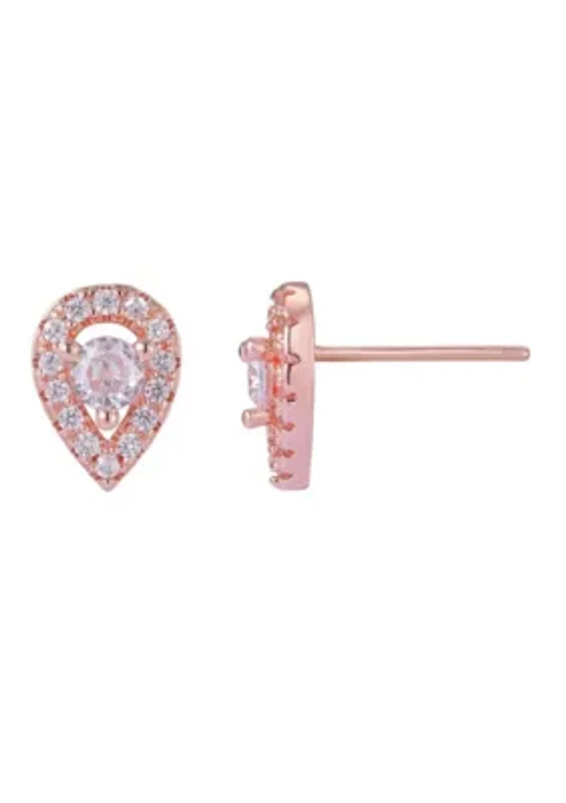 14k Rose Gold Plated Pear Cut Halo Crystal Stud Earrings