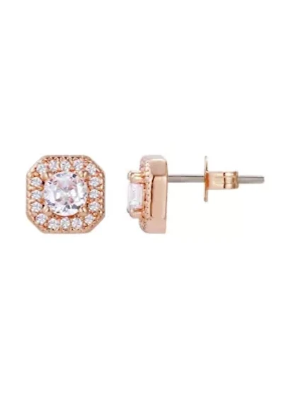 14k Rose Gold CZ Halo Square Cushion Stud Earrings