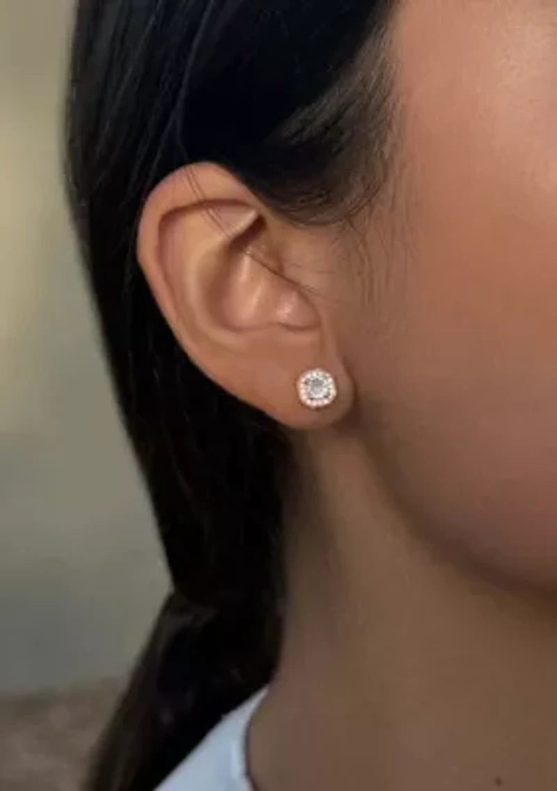 14k Rose Gold CZ Halo Square Cushion Stud Earrings