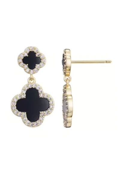14k Gold Plated Double Black Clover CZ Drop Earrings