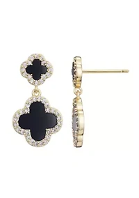 14k Gold Plated Double Black Clover CZ Drop Earrings