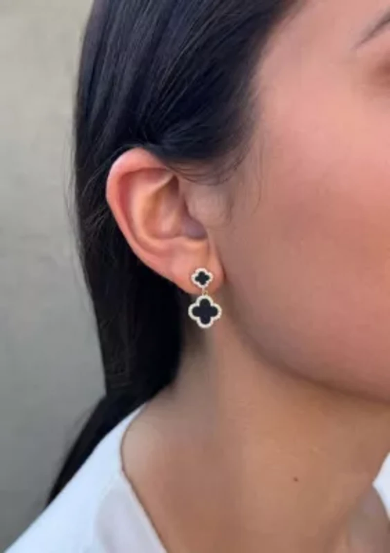 14k Gold Plated Double Black Clover CZ Drop Earrings