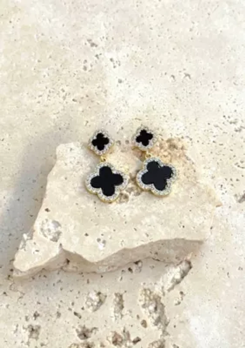 14k Gold Plated Double Black Clover CZ Drop Earrings