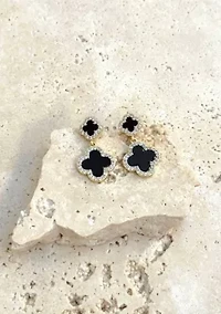 14k Gold Plated Double Black Clover CZ Drop Earrings