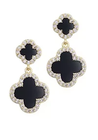 14k Gold Plated Double Black Clover CZ Drop Earrings