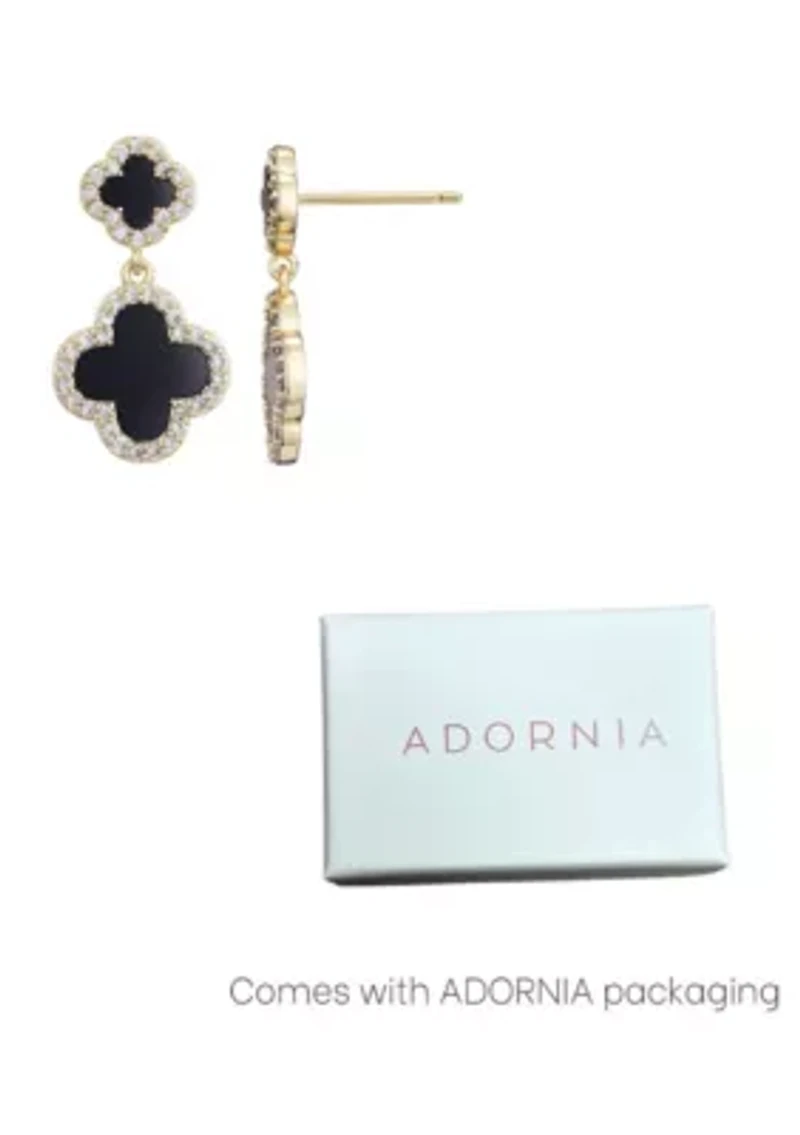 14k Gold Plated Double Black Clover CZ Drop Earrings