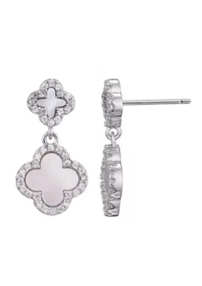 Silver Plated Double White Mother of Pearl CZ Drop Earrings