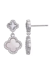 Silver Plated Double White Mother of Pearl CZ Drop Earrings