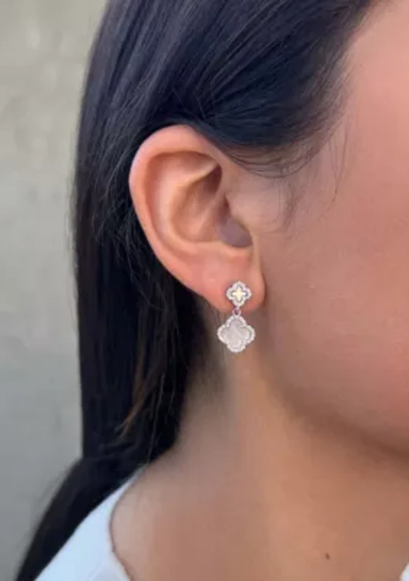 Silver Plated Double White Mother of Pearl CZ Drop Earrings