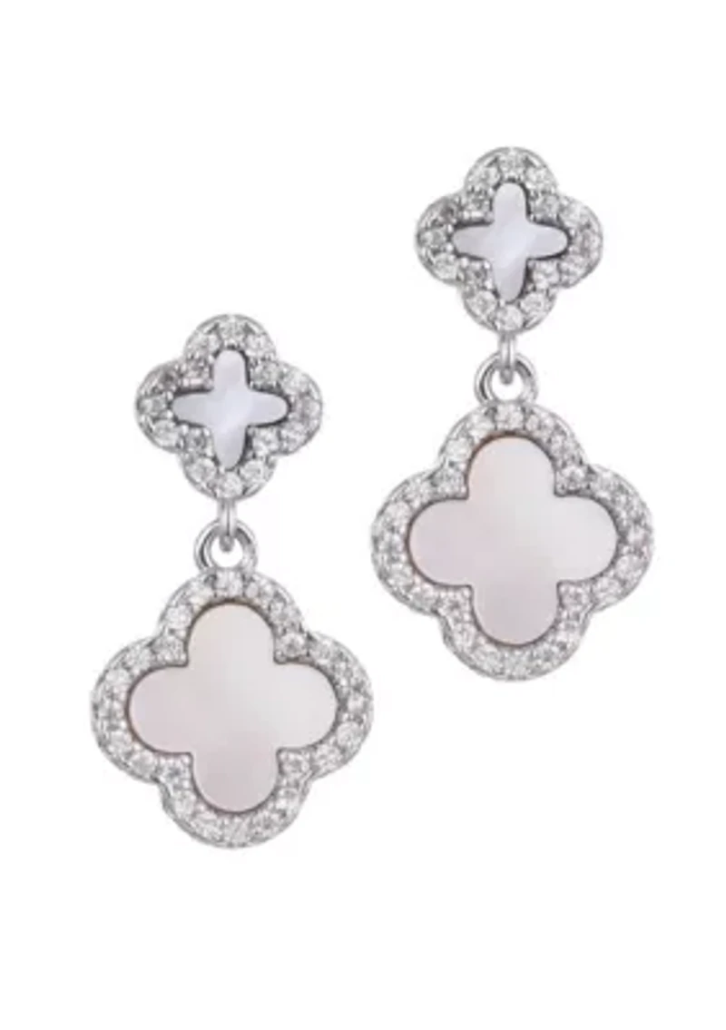 Silver Plated Double White Mother of Pearl CZ Drop Earrings