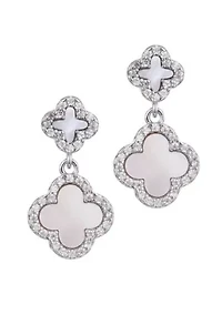 Silver Plated Double White Mother of Pearl CZ Drop Earrings