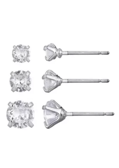 Silver Plated 3-Solitaire CZ Stud Earring Set